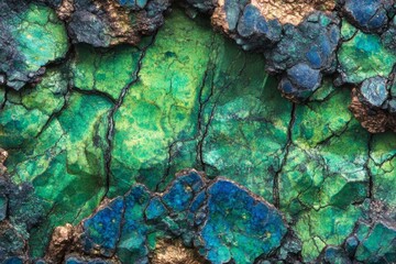 Vibrant green and blue oxidation patterns on copper ore showcase a detailed texture. The visual complexity highlights the natural beauty of mineral formations formed over time