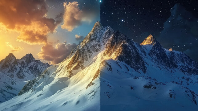 Mountain landscape by day and night. Time change