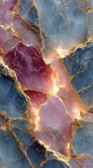 Colorful abstract marble pattern with pink and blue shades illuminated by golden veins