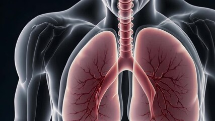 Medical animation showing human lungs inflating and deflating inside transparent thoracic cavity, revealing intricate breathing mechanics and oxygen transfer dynamics