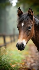 Obraz premium Young horse stands peacefully in a misty meadow surrounded by trees and forest greenery
