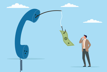 Vector illustration of a businessman being tempted with money over a scam phone call, highlighting the risks of financial fraud and deception in the business world
