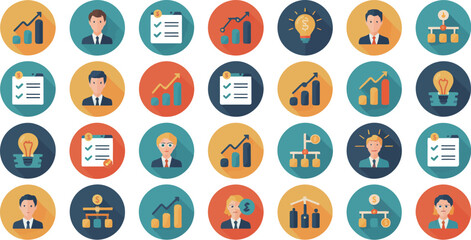 Collection of business and management icons in circular designs on a gradient background