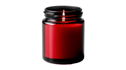 Illuminated red candle in a glass jar with a visible flame against a dark colored setting area on transparent background
