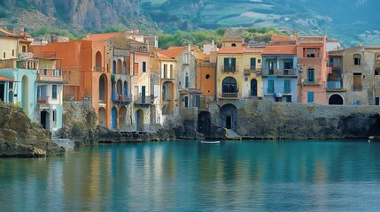 Obraz premium Beautiful coastal town of cefalù sicily italy with colorful buildings and clear blue water views travel tourism