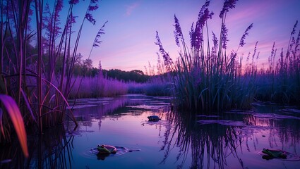 Frogs Swimming in Pond at Sunset with Tall Grass Reflection