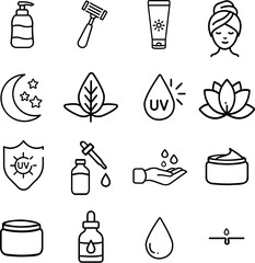 Set of 16 black and white linear icons for skincare: hydration, sun protection, natural ingredients, serums, and wellness. Minimalist style, perfect for branding.