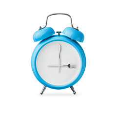 Falling blue alarm clock and white plate with fork and knife instead of hands on dial isolated on white background with clipping path. Healthy lifestyle concept. Diet or intermittent fasting concept