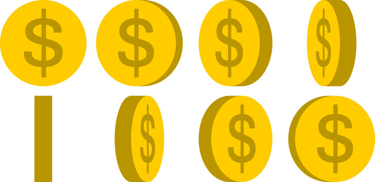 Basic 8-frame Rotating Coin with US Dollar Sign Symbol Sprite Sheet for Sprite Animation in Games and App UI. Vector Image.	
