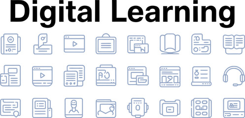 A collection of digital learning line icons representing online education and study tools set eighteen