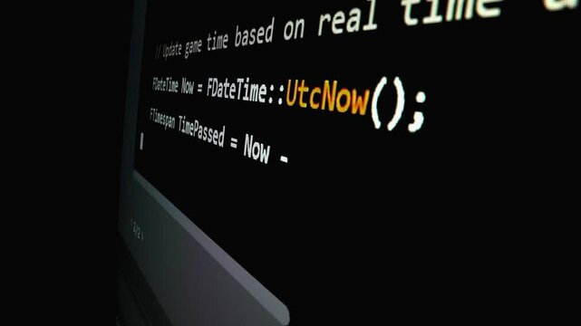 Closeup macro shot movement of coding script moving across LED screen with real-time AI-generated typing, showcasing advanced AI learning in optimization, debug and coding for software development.