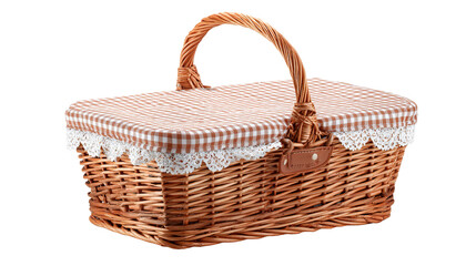 A wicker picnic basket with a handle and a checkered fabric lid trimmed with lace on a dark area on transparent background