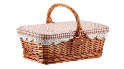 A wicker picnic basket with a handle and a checkered fabric lid trimmed with lace on a dark area on transparent background