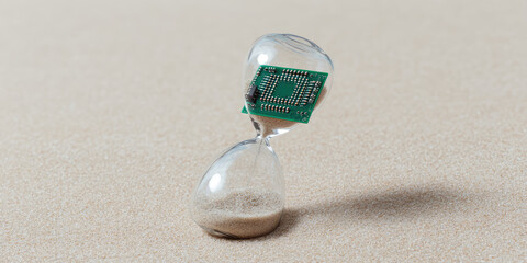 An hourglass tilted on sand features a computer chip in place of sand grains. Concept: technology and time