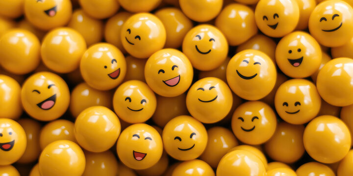 Yellow spheres with smiling faces are clustered closely together. Concept: Happiness, joy, emojis, playfulness, positive emotion
