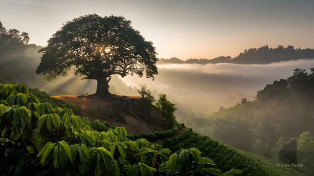 Golden Hour Banyan Tree in Coorg with Coffee Plants and Misty Hills