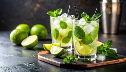 Fototapeta premium Mojito (Non-Alcoholic version) A refreshing Cuban drink made with lime juice, mint, sugar, and soda water. 