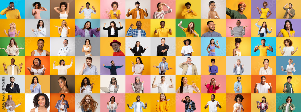 Poster A colorful collection of diverse individuals from various backgrounds smiling and expressing joy. This vibrant lifestyle collage captures unity, energy, and the beauty of multiracial representation.