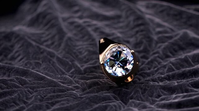 Golden ring with light blue topaz rotating on soft dark background