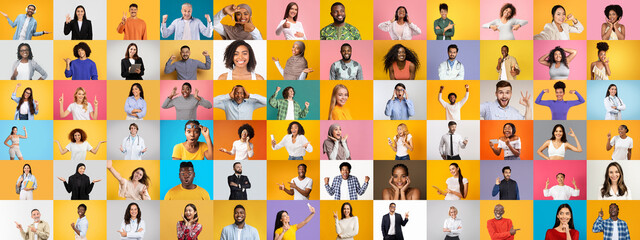 Obraz premium A dynamic collection showcases diverse individuals with unique hairstyles, clothing, and smiles, conveying a sense of unity and celebration. The colorful backdrop adds vibrancy to their lively poses.