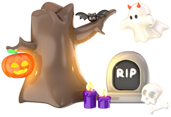 Gravestone and tree Halloween scene 3D illustration