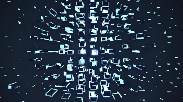Glowing cubes expanding and rotating in dark space