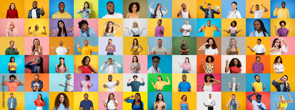 Poster a lively collage of diverse individuals displays various facial expressions and gestures against col