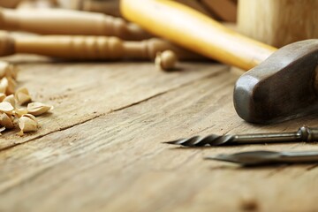 Woodworking tools on rustic table