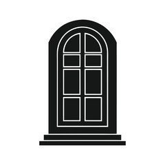 Vector illustration of an old stone building facade with a vintage wooden arched window, showcasing intricate architectural detail and a glass frame door silhouette icon