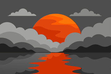 Fiery Sunset over Serene Waters A Stunning Illustration of Nature's Beauty