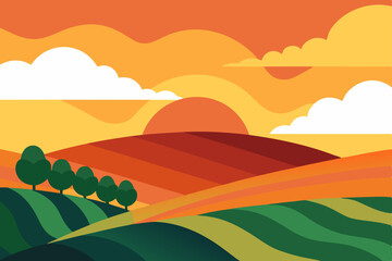Obraz premium Sunset over Rolling Hills A Vibrant Landscape Illustration