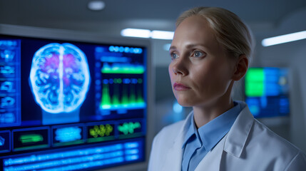 A female scientist in a lab coat and safety glasses interacts with a glowing holographic brain interface in a futuristic setting.
