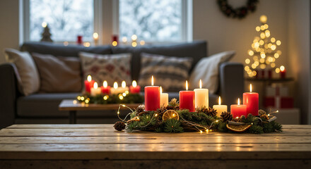 Cozy living room decorated with candles and Christmas tree in winter  