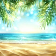 Obraz premium Tropical beach scene with palm leaves. Bokeh effect