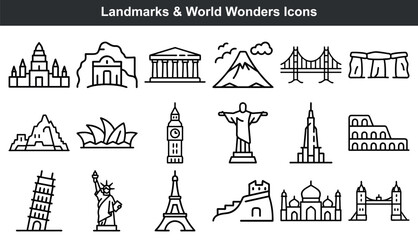 World landmarks and wonders icon set line art