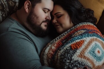 Obraz premium A plus-size couple nestles together on a cozy couch, wrapped in a blanket. Their peaceful expressions show love and warmth as they enjoy a quiet moment together
