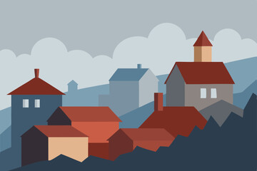 Fototapeta premium Serene Hilltop Village A Charming Architectural Illustration of Peaceful Homes nestled in rolling hills