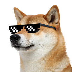 A Shiba Inu dog wearing pixelated sunglasses. The dog has a tan and white coat, with a confident expression. The background is black, emphasizing the dog's features.