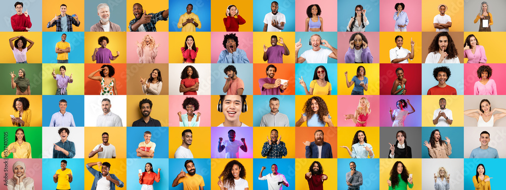 Fototapete a vibrant collage features a diverse group of people with joyful expressions and gestures against co