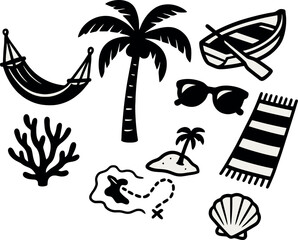 Obraz premium Beach vector icons with palm tree, boat, island, towel, shell, and hammock. Clean black outline summer elements.