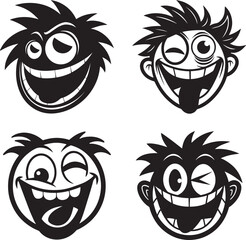 Funny Cartoon Faces in Black and White Vector Set
