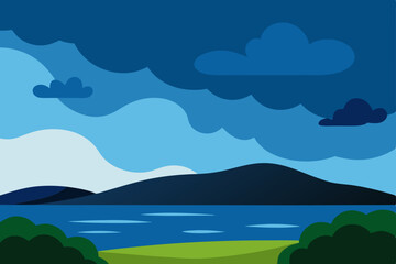 Serene Landscape Dark Stormy Clouds over Calm Lake and Mountains