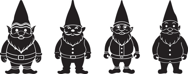Black and White Fantasy Gnome with Beard and Hat Illustration