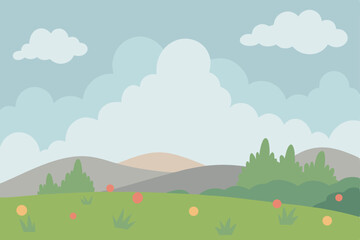 Serene Landscape Illustration Rolling Hills, Lush Meadow, and Cloudy Sky