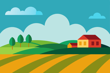 Fototapeta premium Serene Countryside Landscape Rolling Hills, Farm House, and Golden Fields Illustration