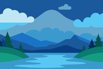 Serene Nighttime Mountain Lake Landscape  A Peaceful Blue Hour Vista