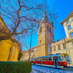 Old Tram at Jindrisska tower in Prague, Czechia