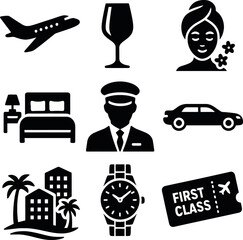 Luxury travel icons in vector style including airplane, wine, hotel bed, spa, driver, car, resort, wristwatch, and first-class ticket.