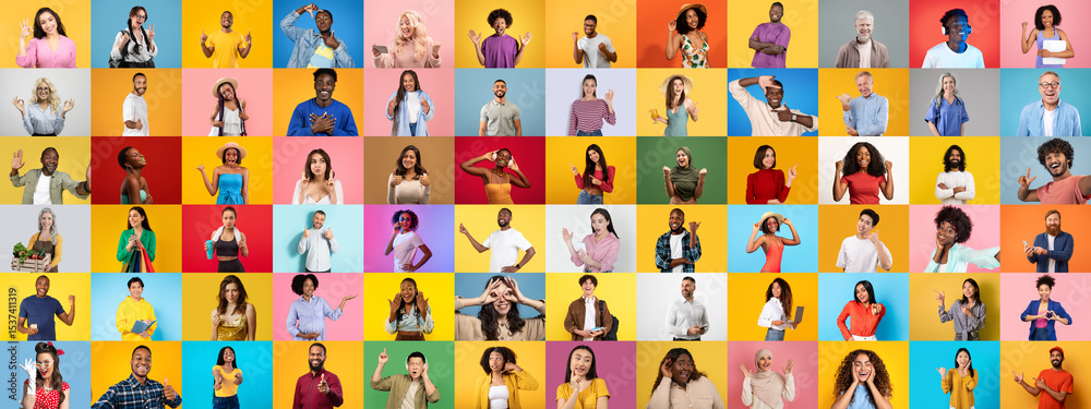 Poster a vibrant collection features a variety of people expressing joy and lifestyle. each portrait highli