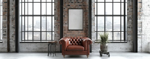 Industrial Loft Interior Leather Chair, Brick Wall, Mockup Poster, Large Windows Industrial Design, Loft Apartment